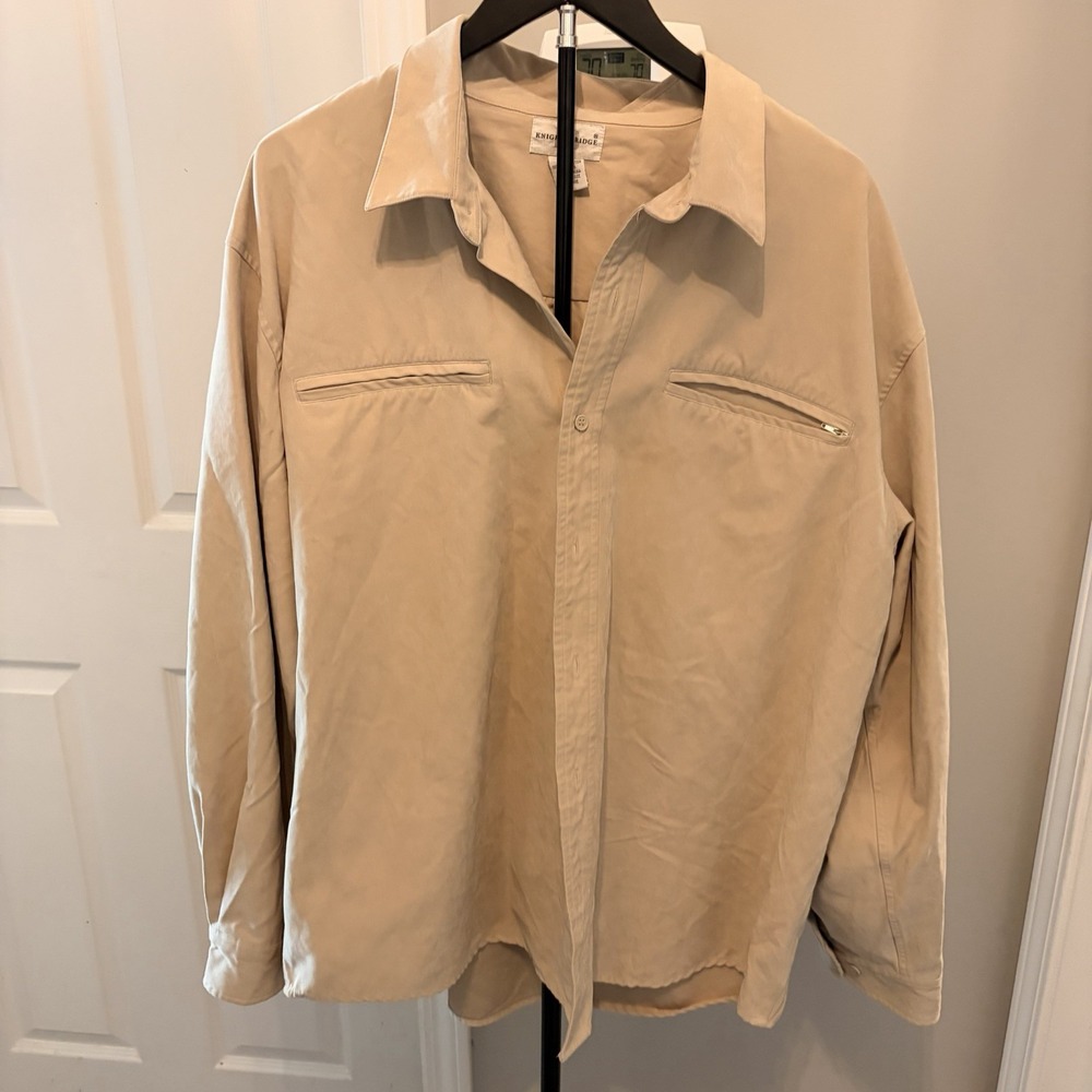 Vtg 00s Knightsbridge Tan Utility Shirt Jacket Faux Suede Style 2X Safari Layer